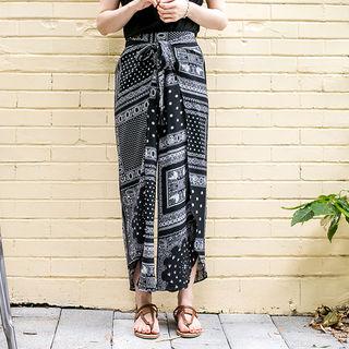Tie-waist Patterned Slit-trim Pants