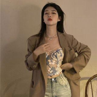 Floral Embroidered Lace-up Mesh Camisole Top / Single-breasted Blazer
