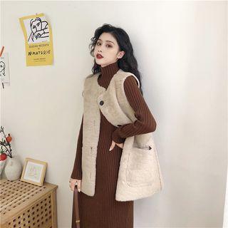 Turtleneck Long-sleeve Midi Knit Dress / Buttoned Furry Vest