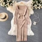 Square-neck Slit Long-sleeve Knit Dress
