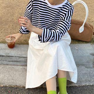 Long-sleeve Striped Loose-fit T-shirt As Figure - One Size