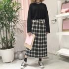 Set: Long-sleeve V-neck T-shirt + Plaid Midi A-line Skirt