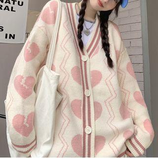 Heart Print Cardigan Heart - Pink & Light Yellow - One Size