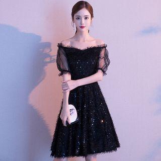 Short-sleeve Off-shoulder Sequin A-line Cocktail Dress