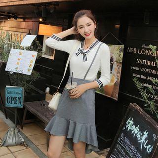 Set: Tie-neck Knit Top + Jumper Ruffled Skirt