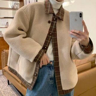 Plaid Panel Fleece Jacket Khaki - One Size