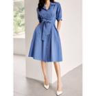 Notch-collar A-line Midi Shirtdress With Sash