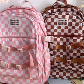 Bear Print Checkered Backpack / Bag Charm / Set