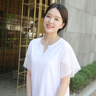 Cutout-neckline Mesh-sleeve T-shirt
