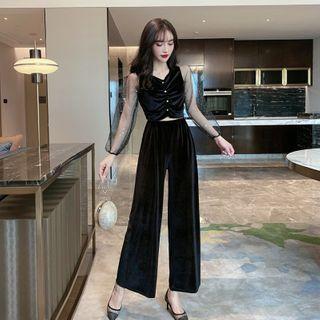 Set: Sequined Balloon-sleeve Velvet Blouse + Wide Leg Pants