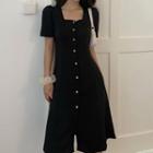 Short Sleeve Square Neck Button-up A-line Dress
