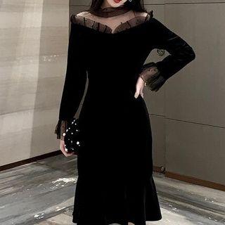 Long-sleeve Mesh Panel Midi Velvet Mermaid Dress