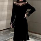 Long-sleeve Mesh Panel Midi Velvet Mermaid Dress