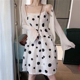 Spaghetti-strap Polka Dot Dress / Plain Light Cardigan