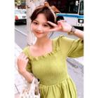 Smocked Linen Blend Minidress Green - One Size