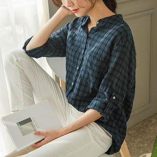 Mandarin-collar Tab-sleeve Checked Shirt