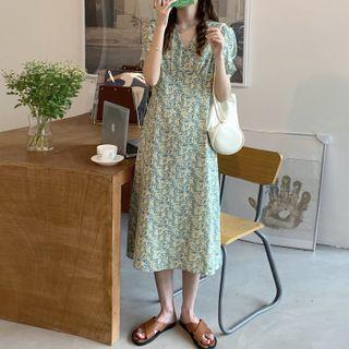 Puff-sleeve V-neck Floral Dress Green - One Size
