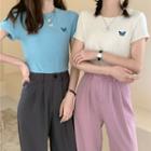 Butterfly Embroidered Short-sleeve T-shirt / Wide-leg Dress Pants