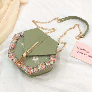 Faux Pearl Embroidered Chain Crossbody Bag