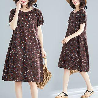 Printed Short-sleeve Shift Dress Coffee - One Size