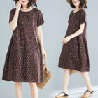 Printed Short-sleeve Shift Dress Coffee - One Size