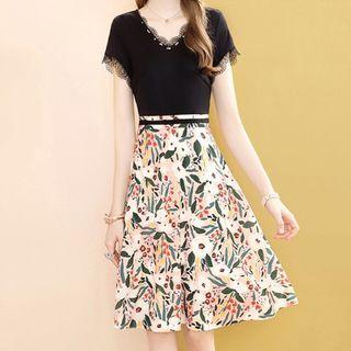 Lace Trim Floral Print Panel Short-sleeve A-line Dress