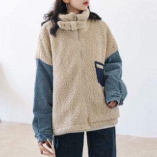 Denim Paneled Zip Fleece Jacket