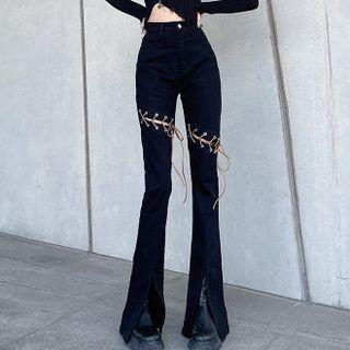 High-waist Lace-up Slit Flared Jeans