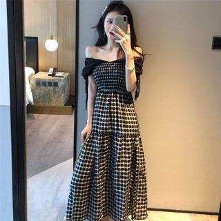 Plaid Off-shoulder Midi A-line Dress As Shown In Figure - One Size