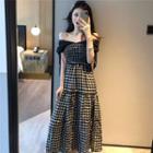 Plaid Off-shoulder Midi A-line Dress As Shown In Figure - One Size