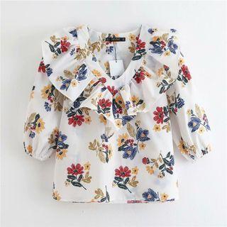 Balloon-sleeve V-neck Ruffled Floral Print Blouse