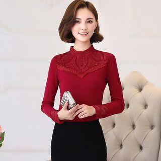 Rhinestone Panel Lace Trim Long-sleeve Top
