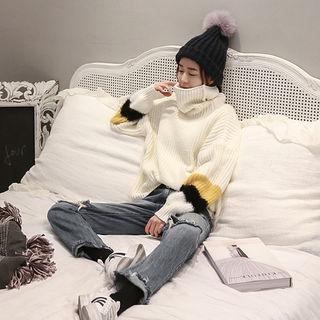 Turtle-neck Color-block Sleeve Sweater
