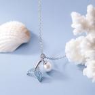 Mermaid Tail Rhinestone Faux Pearl Pendant Sterling Silver Necklace S925 Silver - Blue - One Size