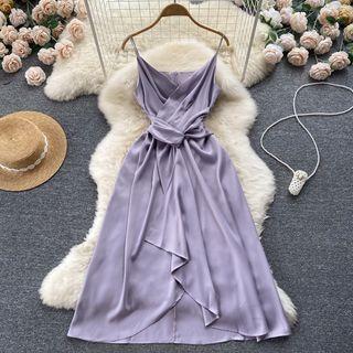 Suspender Plain Ruched Asymmetrical A-line Dress