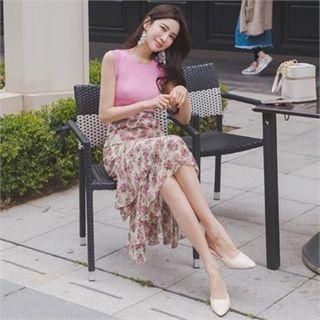 Band-waist Floral Midi Tiered Skirt