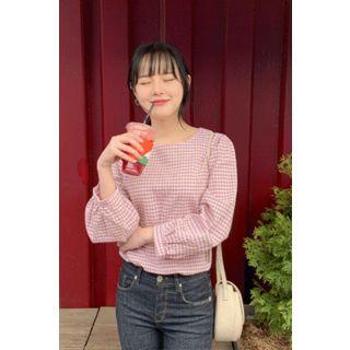 Bishop-sleeve Check Blouse Red - One Size