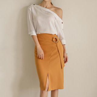 Set: 3/4-sleeve Blouse + Belted Pencil Skirt