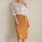 Set: 3/4-sleeve Blouse + Belted Pencil Skirt
