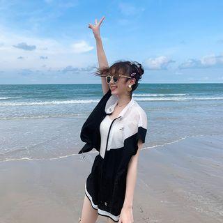Set: Short-sleeve Color Block Zip Jacket + Shorts