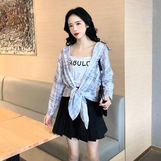 Set: Tie-hem Plaid Blouse + Letter Print Camisole Top + Pleated Skirt