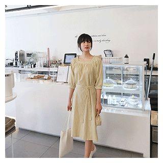 Square-neck Gingham Dress With Sash Yellow - One Size