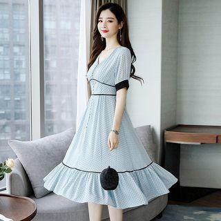 Short-sleeve Polka Dot Frill Trim A-line Midi Dress