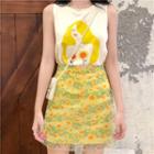 Sleeveless Print Top / Floral Mesh A-line Skirt