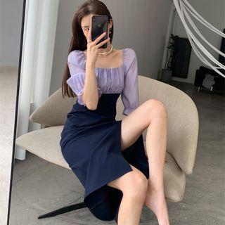 Elbow-sleeve Two-tone Slit Midi Sheath Dress