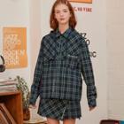 Pocket-detail Hooded Checked Shirt Navy Blue - One Size