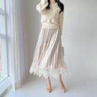 Set: Faux-pearl Knit Top + Lace-overlay Long Velvet Skirt Ivory - One Size