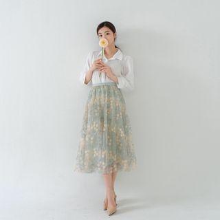 Flower-embroidered Long Tulle Skirt