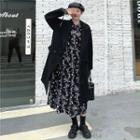Plain Loose-fit Coat / Floral Print Long-sleeve Dress