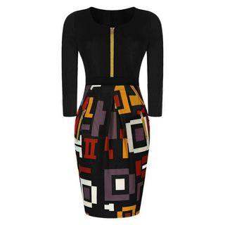 Zip Front Patterned Panel 3/4 Sleeve Dress